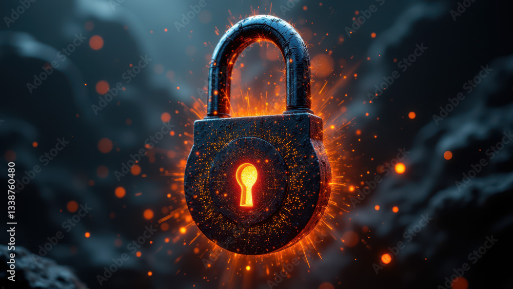 Poster A 3D rendering of a digital lock with fiery particles surrounding it, symbolizing security in cyberspace.
