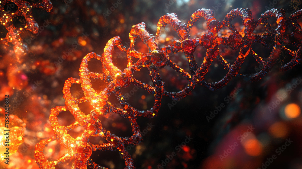 Poster futuristic digital visualization of a glowing dna double helix floating in cosmic space,representing