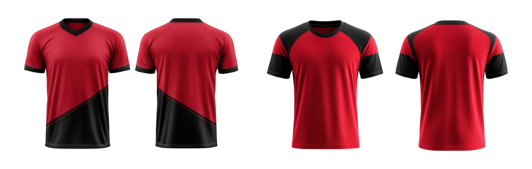 Red and black jersey template for team clubs, jersey sport, front and back isolated on a transparent background, cut out, png, Tshirt mockup sports jersey template design
