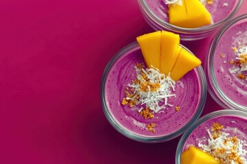 Dragon Fruit Smoothie with Mango Garnish: A purple smoothie topped with mango slices and a sprinkle of coconut flakes