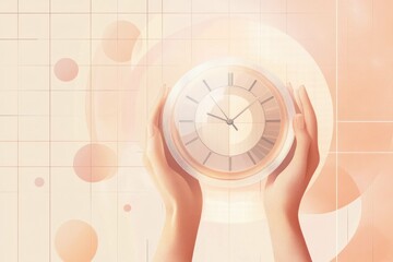 Abstract illustration of hands holding a clock symbolizing time management, productivity, and mindfulness in pastel colors with geometric background