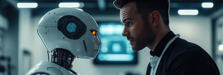 Human and humanoid robot facing each other in an advanced artificial intelligence research lab,symbolizing the future of AI-human interaction, robotics,ethical considerations in technology development