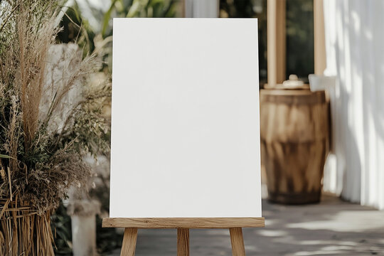 Blank welcome sign mockup on a rustic wooden easel in an outdoor setting.