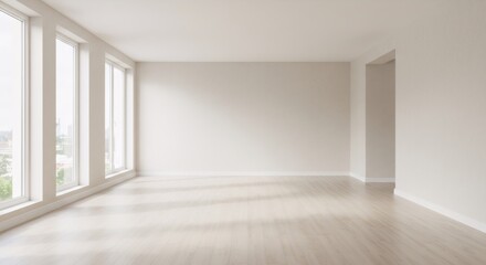 Minimalist empty white room interior with large windows and natural light. Modern architectural design for open living space or office. Clean and bright concept with copy space.