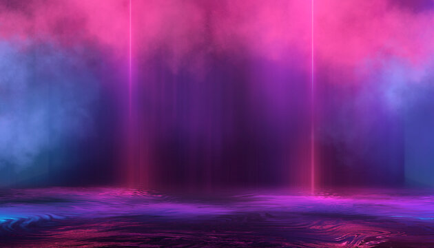 Abstract neon dark background, smoke, smog, rays, reflection in water.