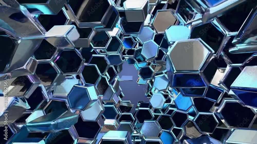 Poster seamless loop abstract geometric pattern with honeycomb motif featuring metallic blue and silver ton