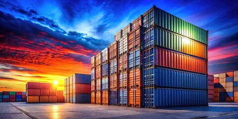 Fototapeta premium Night Freight Warehouse - Stacked Shipping Containers, Blue Sky, Import Export Logistics