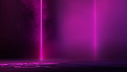 Abstract neon dark background, smoke, smog, rays, reflection in water.