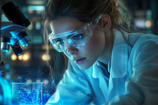 Female scientist analyzing glowing blue liquid in a modern high-tech laboratory with digital screens