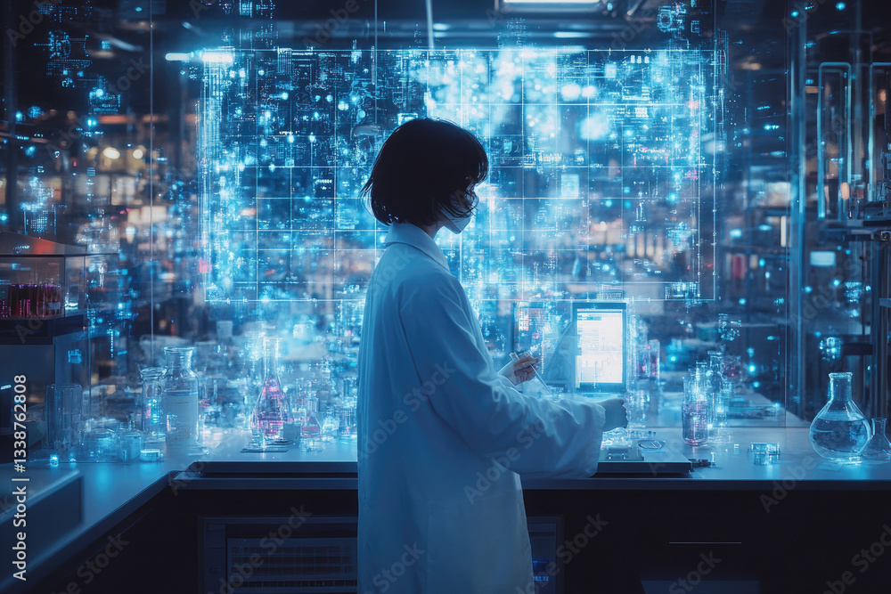 Poster scientist in a futuristic laboratory wearing a white coat conducts virtual experiments using ai and 