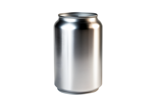 Aluminum silver small soda can isolated on cut out PNG or transparent background. Realistic bottle soft drink template pattern. Composition suitable for advertising and brand purposes.