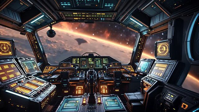 Futuristic Spaceship Cockpit with Advanced Digital Controls and Stunning Outer Space View of Planets and Galactic Horizon

