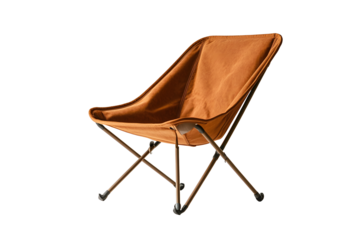 Portable folding camping chair dark brown isolated on cut out PNG or transparent background. Modern design and comfortable fabric seat, displayed against. Outdoor adventures, picnics.