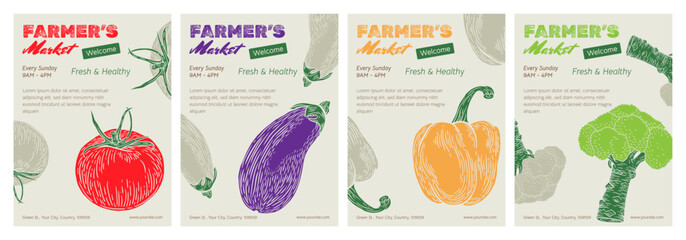 Vegetables. Trendy banner, background, cover, poster, flyer set for a farmers market. Design template Hand-drawn sketch food to the harvest fair. Vector illustration eggplant, tomato, potato, pepper.