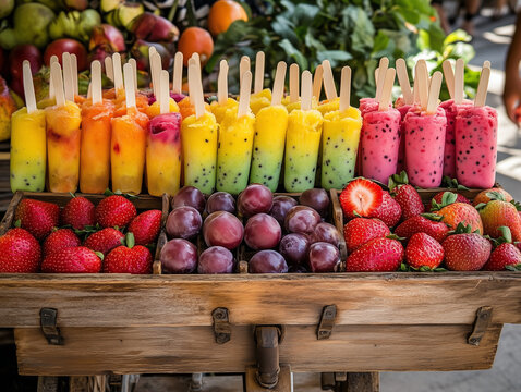 Bright and colorful Mexican paletas made from fresh fruit, beautifully arranged in a rustic wooden cart at a lively outdoor summer fiesta.