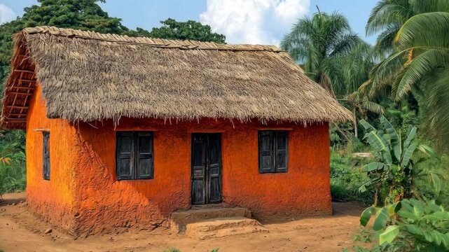 Vibrant Orange Hut in Tropical Setting