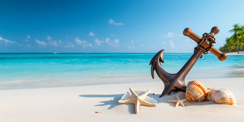 Antique anchor with starfish and shells decor on white sand beach background. Summer vacation, travel and shipwreck concept. Landscape shot for wallpaper, poster, banner with copy space