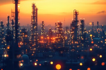 Fototapeta premium Industrial Refinery at Sunset with Glowing Lights and Silhouetted Structures Against a Vibrant Orange and Yellow Sky