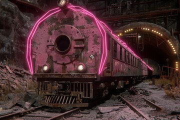 Fototapeta premium A train with neon pink lights is traveling through a tunnel