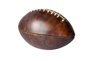 Dark brown leather rugby ball isolated on cut out PNG or transparent background. Rugby football Play on large stadium lawn. Sport that originated from school. Rugby union is popular sport.