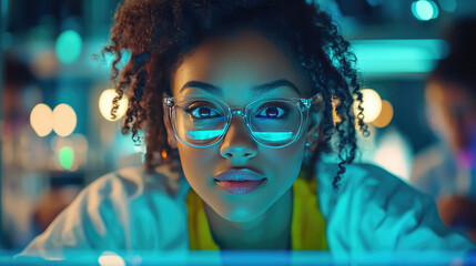 African American female scientist in a high-tech laboratory, wearing glasses, engaged in biotechnology research. Future medicine, AI-powered diagnostics, and scientific innovation