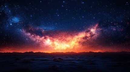 Fototapeta premium Celestial Landscape: A fiery sunset under a breathtaking Milky Way galaxy