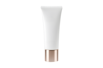 Cream tube plastic luxurious white portable. Modern bottle packaging products. Collapsible squeeze tube cosmetic containers with flip lid gold. isolated on cutout PNG or transparent background.