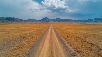 Fototapeta premium Vast Desert Road Leading to Wind Turbines under a Dramatic Sky