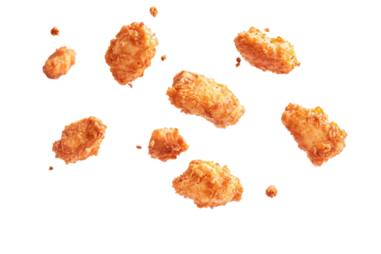 Crispy fried chicken pieces floating on a transparent background