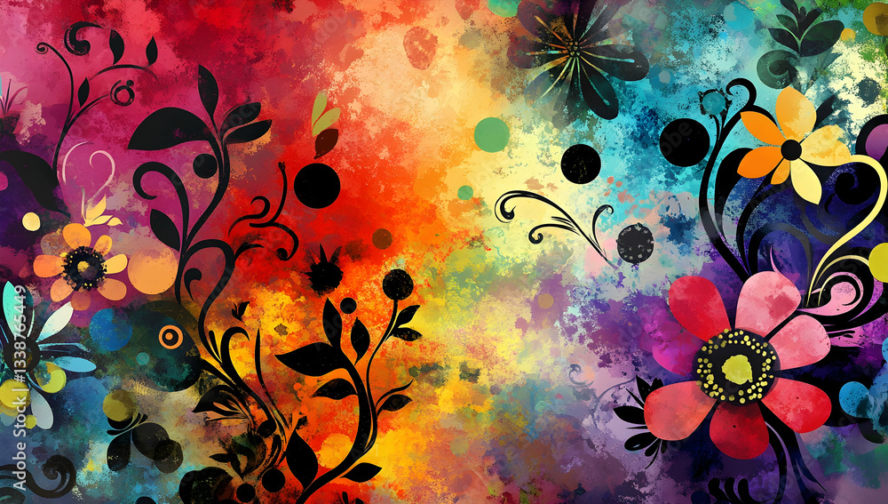 Aufkleber a vibrant watercolor background with abstract shapes and floral elements, creating an enchanting atm