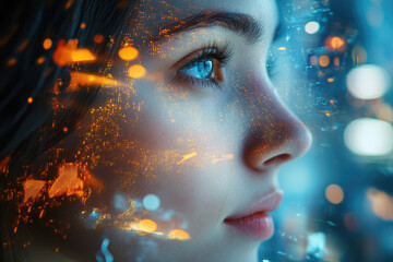 Close-up of a young female scientist with blue eyes, wearing a futuristic augmented reality visor, analyzing complex digital medical data, symbolizing artificial intelligence in healthcare