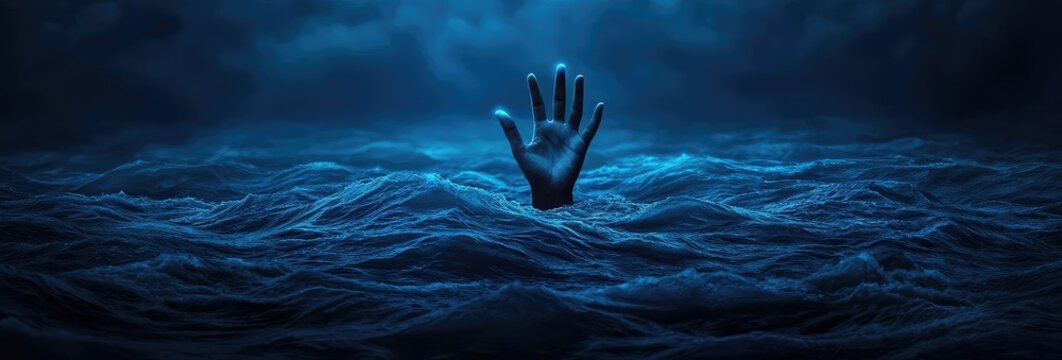 Surrealist art abstract background concept. A haunting image of a hand reaching out from turbulent blue waters, symbolizing desperation.
