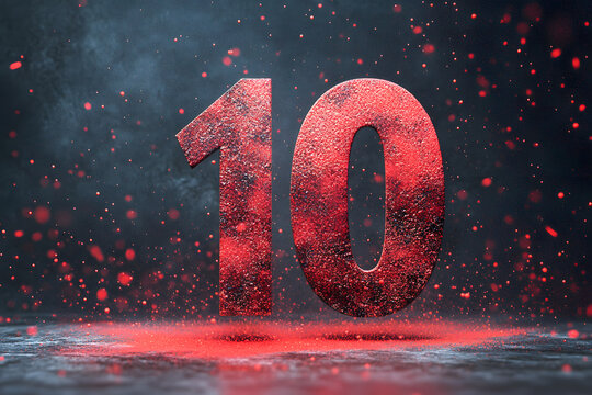 Character Number 10 (ten) with particles on black abstract background. The number ten emerges from red dust on black background. Realistic clipart template pattern.