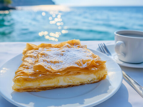 Greek Bougatsa with Cinnamon and Sugar &ndash; A warm slice of Greek bougatsa filled with semolina custard, dusted with cinnamon and powdered sugar, served on a traditional ceramic plate.