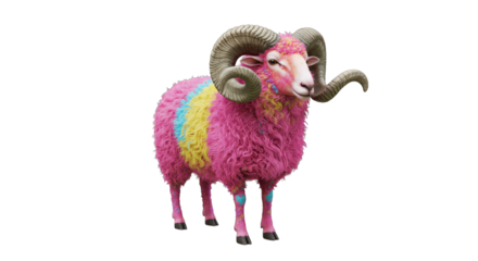  Colorful Ram with Vibrant Wool – Fantasy Farm Animal  PNG on white background

