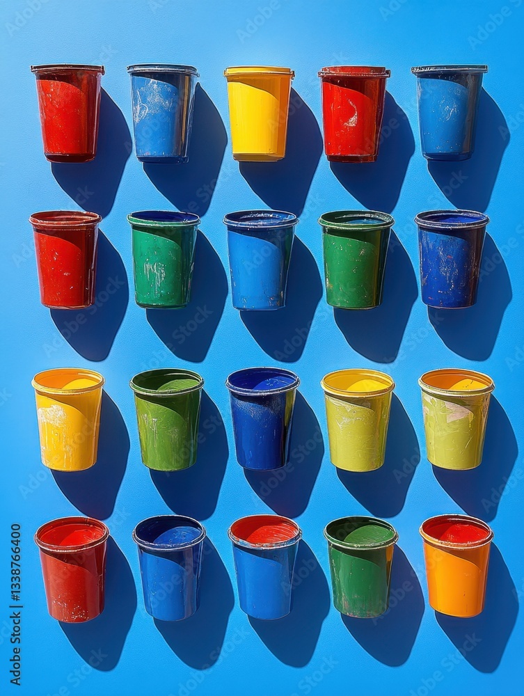 Poster colorful array of vibrant paint buckets casting shadows on a bright blue wall creating a playful and
