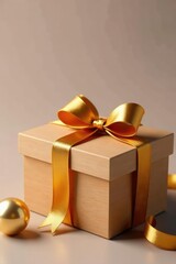 A bundle of golden ribbons tied to a wooden gift box, golden ribbons, handmade, decorative elements