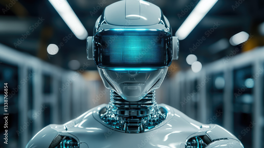 Poster futuristic white humanoid robot with a vr visor standing in an advanced ai-driven data center. conce