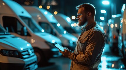 Obraz premium Fleet manager overseeing a fleet of vehicles using digital tracking tools.
