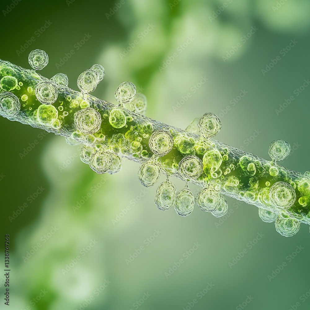 Fototapete examining close up view of green branch with spherical organic structures