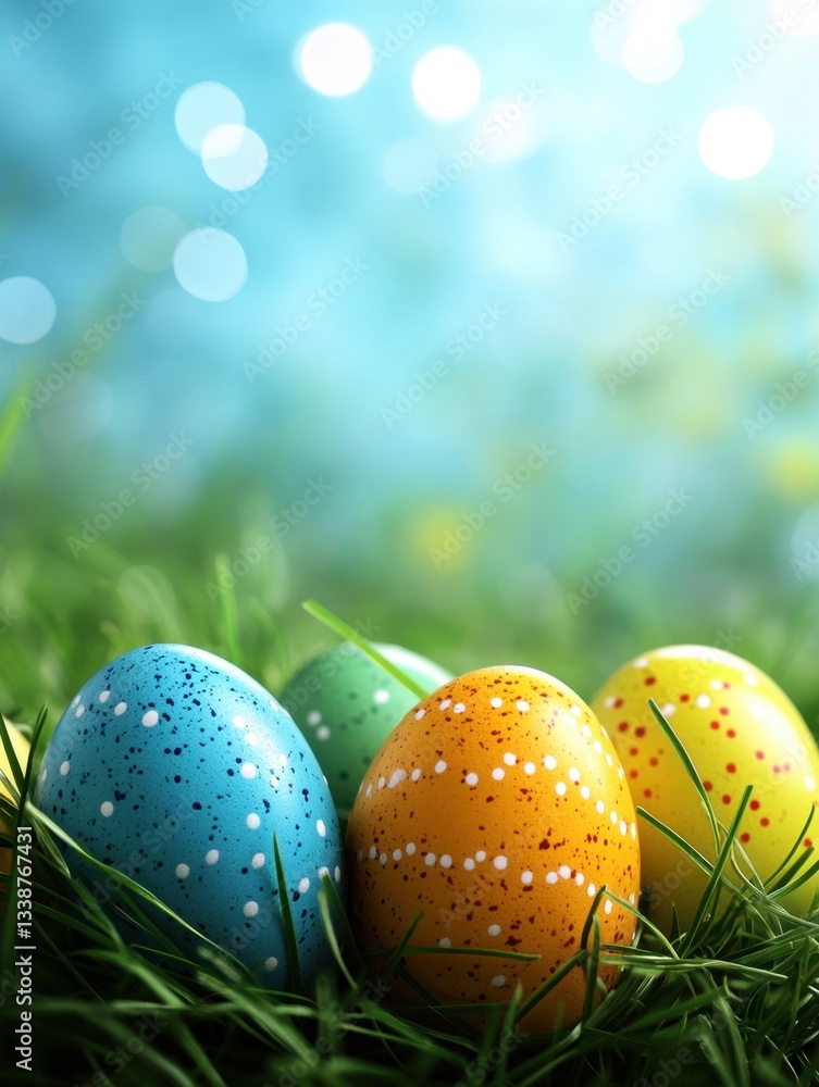 Poster vibrant easter eggs nestled in lush green grass against a soft bokeh background creating a festive s