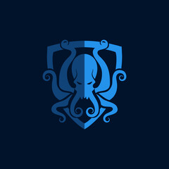 Blue Pixel Art Octopus Logo with Shield © kaa