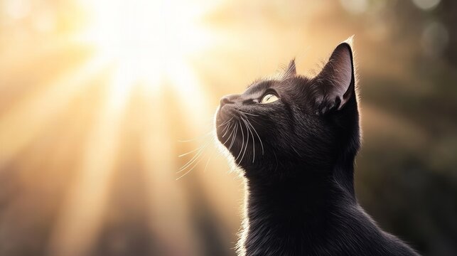 Black cat looks upwards towards a bright light source in an outdoor setting, with golden rays highlighting its whiskers and the blurred background beh