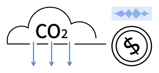 Cloud with CO2, downward arrows representing reduction, dollar icon for economic link, digital soundwave symbol. Ideal for sustainability, investments, economy, technology, environment carbon