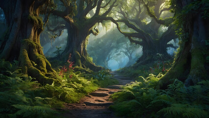 A beautiful fairytale enchanted forest with big trees and great vegetation. Digital painting background 