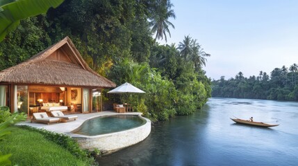 Riverside Oasis: a serene retreat nestled on the banks of a tranquil river, the luxurious villa showcases elegant architecture with a thatched roof, inviting infinity pool, and idyllic surroundings