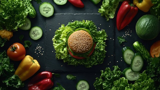 A vibrant flat lay of a veggie burger with fresh vegetables on a dark background - Powered by Adobe