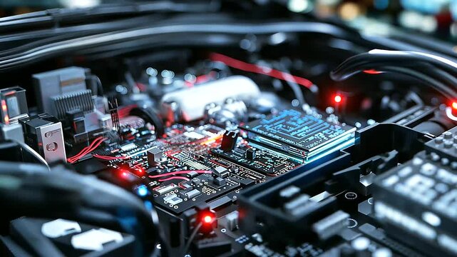 Inside a modern car&rsquo;s electronic control unit, exposing microprocessors, circuit boards, and heat-dissipating components