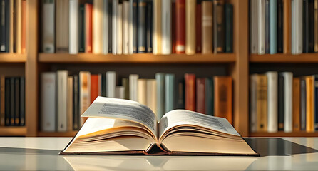 Fototapeta premium A beautifully designed bookshelf with books arranged neatly and a single open book resting on top