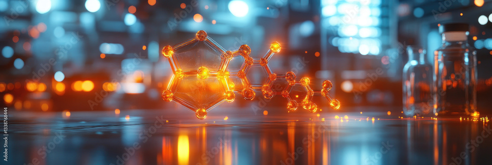 Poster futuristic digital visualization of a glowing dna double helix floating in cosmic space,representing